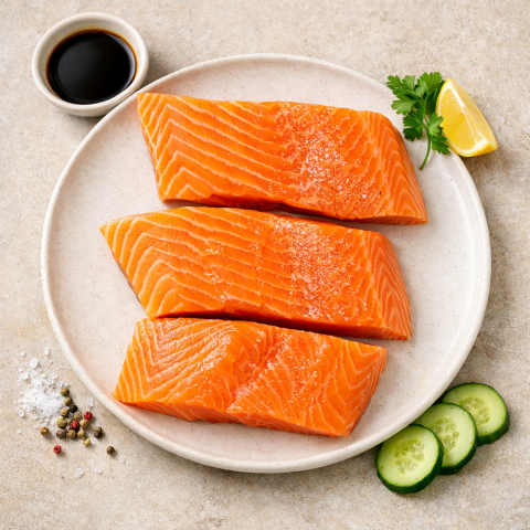 ECOLACHS - STEAKs  - der wohl nachhaltigste Lachs "Sushiqualität" 420 - 450g (auf 3 Stück geteilt)